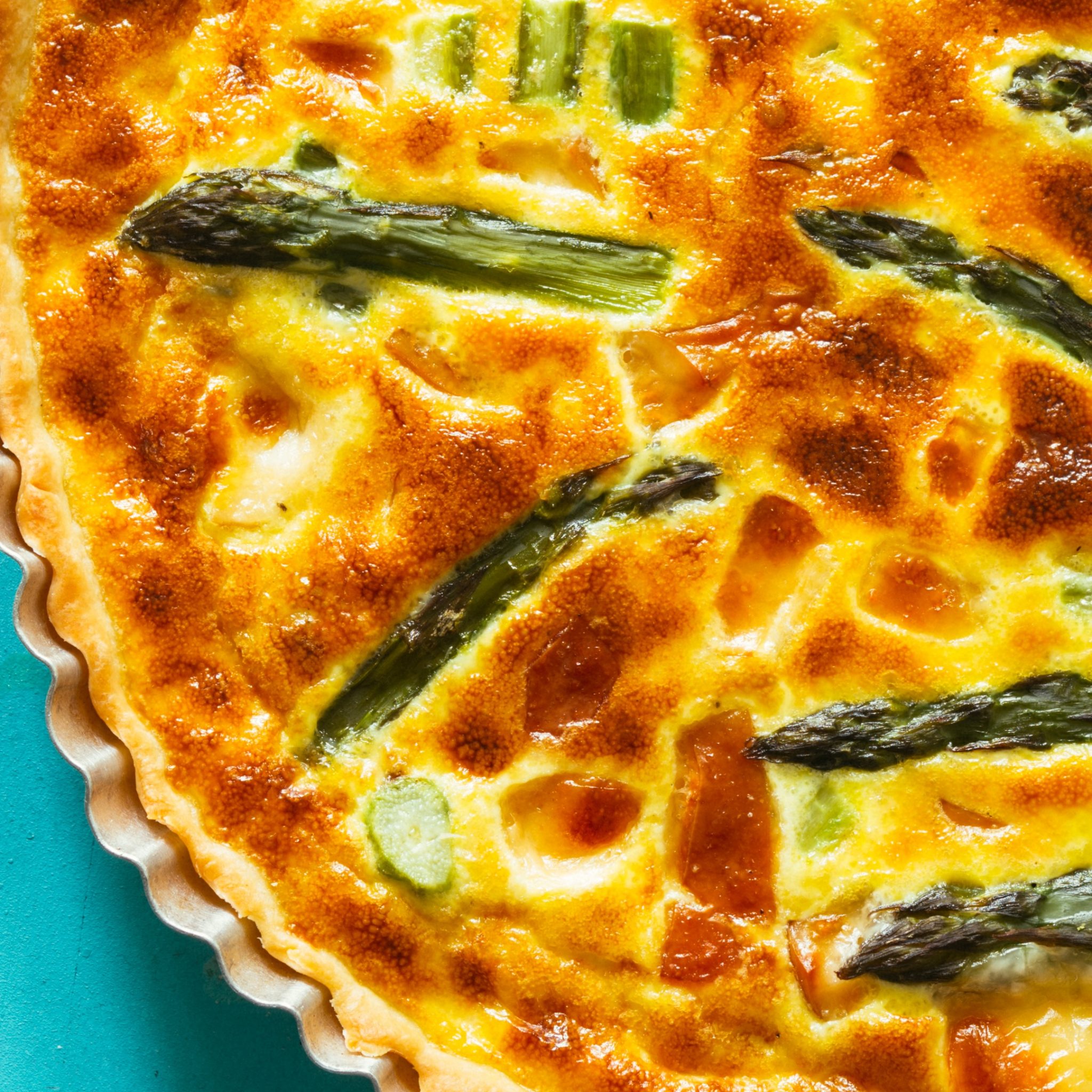 Asparagus and shallot quiche New potatoes with garlic and herb butter